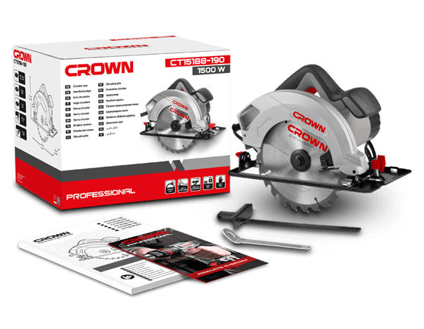 CROWN CT15188 Circular Saw 7 - 1/2" - 185 to 190mm - 1500w with 66mm max cutting depth at 90 degree with 20mm bore of circular saw blade