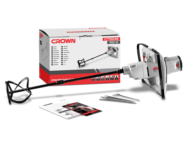 CROWN - CT10049 Mixer Machine with 120 mm Mixing paddle diameter - 1100w power rated - 130-450 / 245-850 minˉ¹ No-load speed (gear I / II) - M14 Tool holder