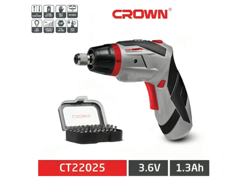 CROWN Cordless ScrewDriver 3.6V, 1.3Ah Lithium Ion with Variable torque with bits set, CT22025